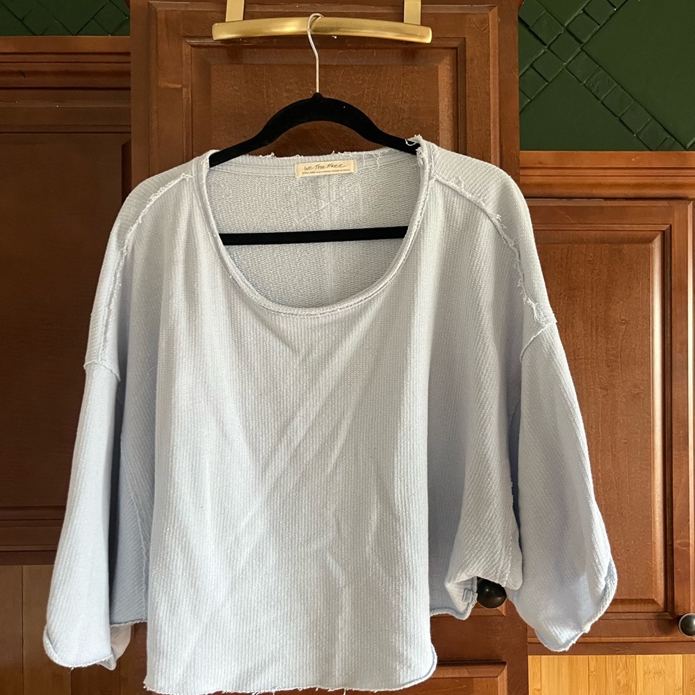 Free People Blue Crop Blouse with Puff Sleeves and 3/4 Length Sleeves